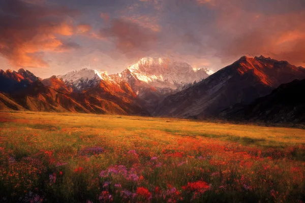 Piękna Górska Łąka Pełna Kwiatów Sztuka Cyfrowa — Zdjęcie stockowe