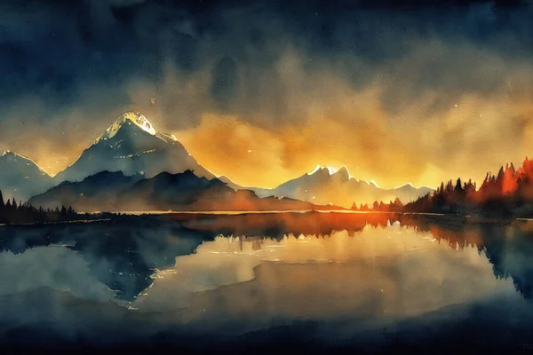 Beautiful Landscape Mountains Lake Watercolor Style Digital Art — Stock Photo, Image