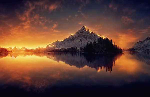 Krásná Krajina Horami Jezerem Při Západu Slunce Digitální Umění — Stock fotografie