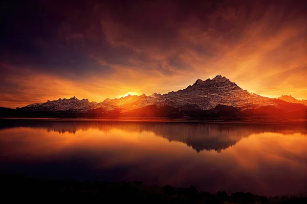 Красивый Пейзаж Горами Озером Закате Цифровое Искусство — стоковое фото