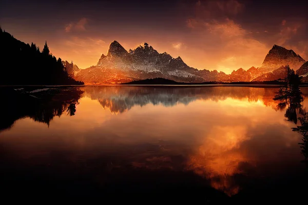 Όμορφο Τοπίο Βουνά Και Λίμνη Στο Ηλιοβασίλεμα Ψηφιακή Τέχνη — Φωτογραφία Αρχείου