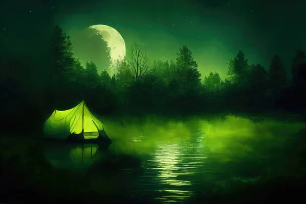 Tent in a beautiful night landscape illuminated by the moonlight. Digital art