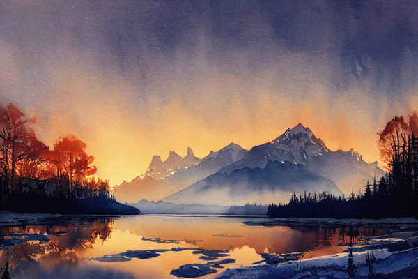 Όμορφο Τοπίο Βουνά Και Λίμνη Υδατογραφία Στυλ Ψηφιακή Τέχνη — Φωτογραφία Αρχείου