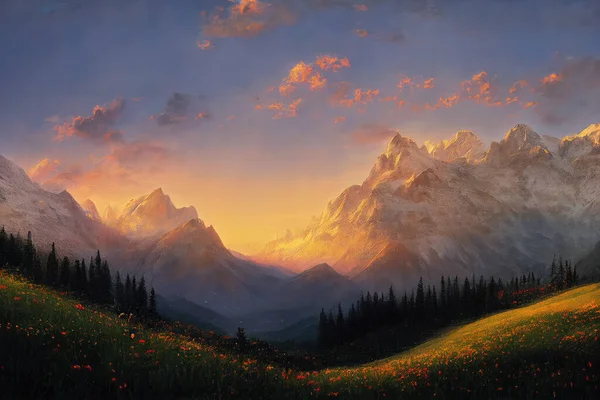 Beautiful Mountain Meadow Full Flowers Digital Art — Stock Photo, Image