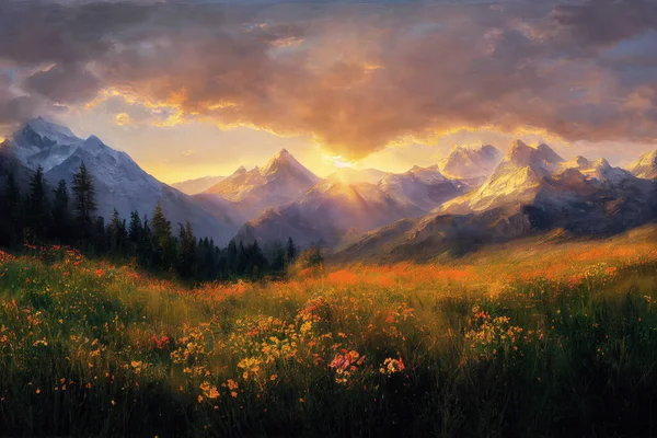 Beautiful Mountain Meadow Full Flowers Digital Art — Stock Photo, Image