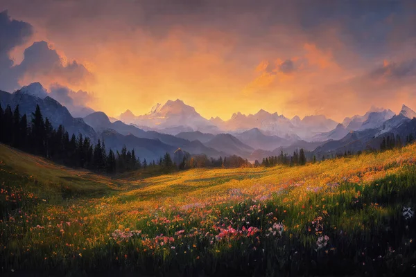 Une Belle Prairie Montagne Pleine Fleurs Art Numérique — Photo