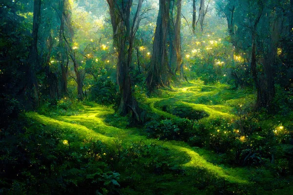 Güzel Sihirli Gece Ormanı Dijital Sanat Stok Fotoğraf