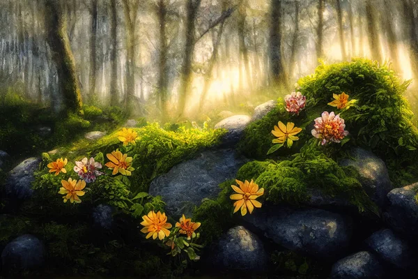 Détail Des Rochers Avec Des Fleurs Mousse Dans Forêt Art — Photo