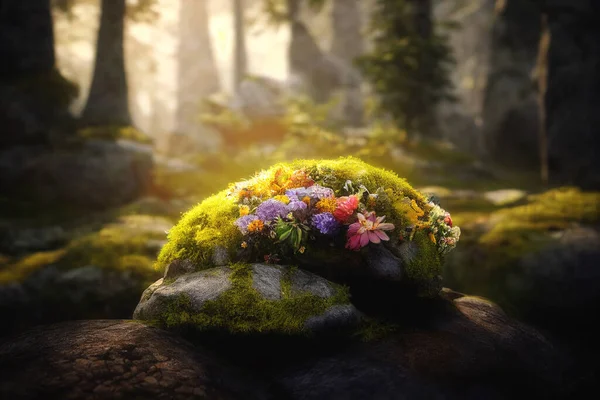 森林里长满鲜花和苔藓的岩石的细节 数字艺术 — 图库照片