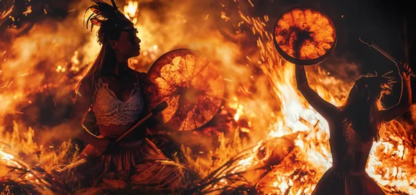 Красивая Шаманская Девушка Играющая Барабане Шамана Природе — стоковое фото