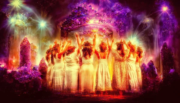 Vrouwen Bloemenkrans Het Magische Nachtbos Bloemenkroon Symbool Van Zomerzonnewende Collage — Stockfoto