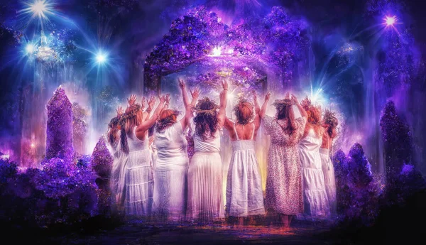 Женщины Цветочном Венке Волшебном Ночном Лесу Цветочная Корона Символ Летнего — стоковое фото