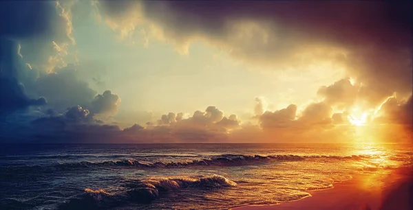 Piękny Zachód Słońca Nad Morzem Plaży Sztuka Cyfrowa — Zdjęcie stockowe