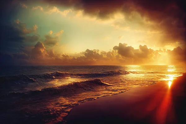 Piękny Zachód Słońca Nad Morzem Plaży Sztuka Cyfrowa — Zdjęcie stockowe