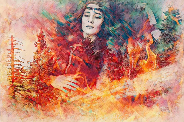 Beautiful Shamanic Girl Nature Fire Background — Stock Photo, Image