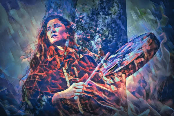 Beautiful Shamanic Girl Playing Shaman Frame Drum Nature Fire Background — Stock Photo, Image