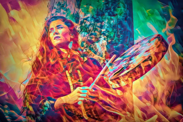 Beautiful Shamanic Girl Playing Shaman Frame Drum Nature Fire Background — Stock Photo, Image