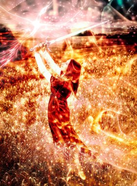 Süslü elbisesi ve elinde kılıcıyla bir buğday tarlasında anka kuşu ile duran genç bir kadın. Ateş etkisi