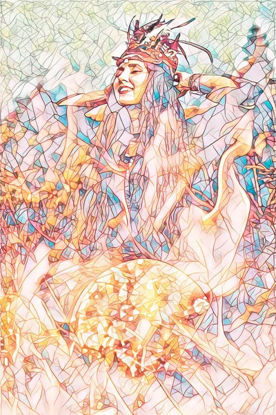 Krásná Šamanská Dívka Hraje Šaman Rám Buben Přírodě Mozaický Efekt — Stock fotografie