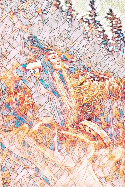 Красивая Шаманская Девушка Играющая Шаманском Барабане Природе Мозаичный Эффект — стоковое фото