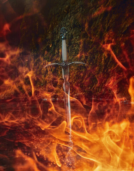 Волшебный меч на фоне огня.