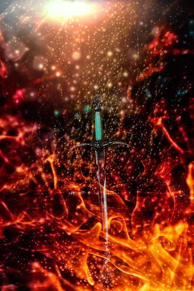 Magic sword on fire background.