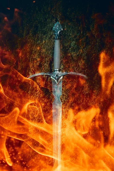 Magisches Schwert Auf Feuer Hintergrund — Stockfoto