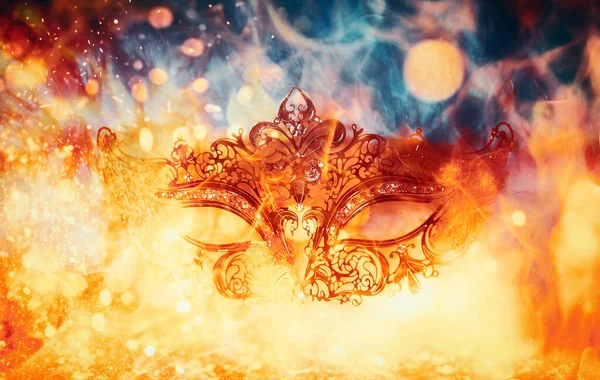 Beautiful Decorative Venice Style Mask Filigree Linear Ornaments Fire Background — Stock Photo, Image