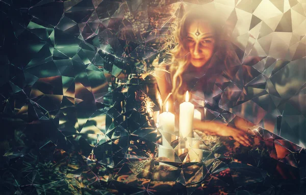 A woman sits at a table, a candle casting a soft glow. Triangle and crystal shards are scattered, evoking mysticism. Hecate, the goddess of magic, watches over.