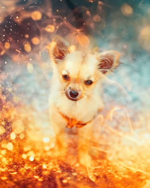 Arkaplanda Kıvılcımlar Saçan Sıcaklık Enerji Saçan Sevimli Bir Köpek — Stok fotoğraf