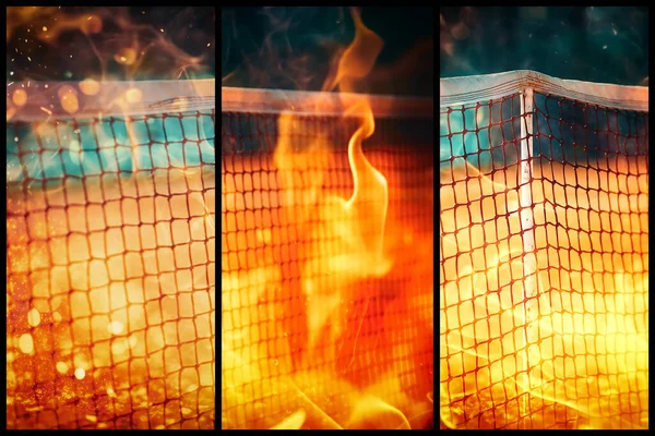 Närbild Tennisnät Suddig Bakgrund Brandpåverkan — Stockfoto