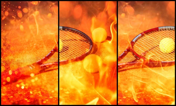 Tennisball Und Schläger Auf Dem Platz Feuerwirkung — Stockfoto