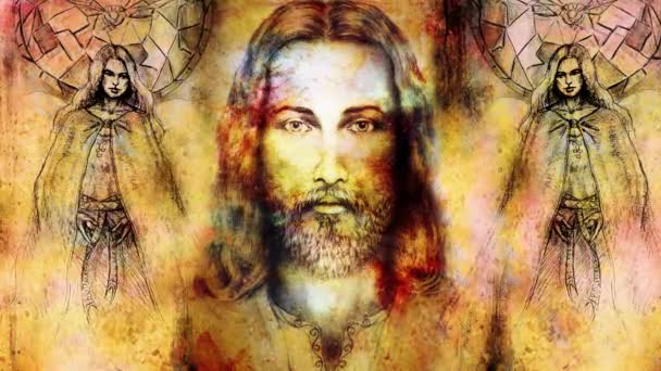Иисус Прекрасный Ангел Голубем Веточкой Духовная Концепция Лицо Иисуса Космосе — стоковое видео