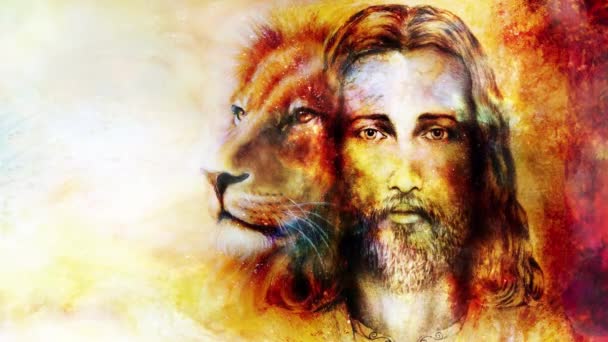 Obraz Ježíše Lvem Krásném Barevném Pozadí Nádechem Vesmírného Cítění Lví — Stock video
