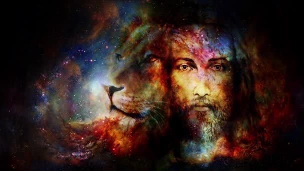 Painting Jesus Lion Beautiful Cosmic Background Loop Animation — Stockvideo