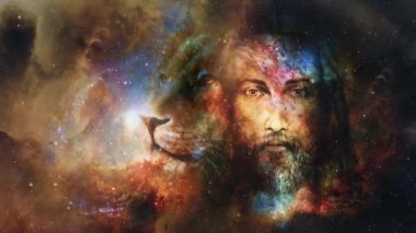 painting of Jesus with a lion, on beautiful cosmic background. Loop Animation