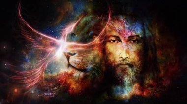 Painting of Jesus with a lion and phoenix, on beautiful cosmic background. Loop Animation