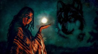 beautiful woman and wolf at the moon. Loop Animation