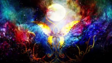 butterfly in cosmic space and moon with ornament. Painting and graphic design. Loop Animation