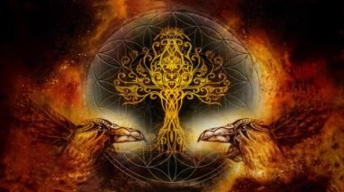 pair of ravens with tree of life and sacred geometry flower of life symbol, space background. Loop Animation