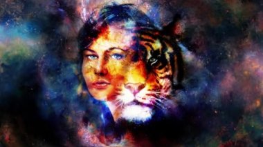 Goodnes woman and tiger and ornament. Cosmic Space background. Loop Animation