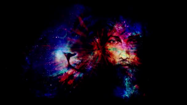 Painting Jesus Lion Beautiful Cosmic Background Loop Animation — Stock video