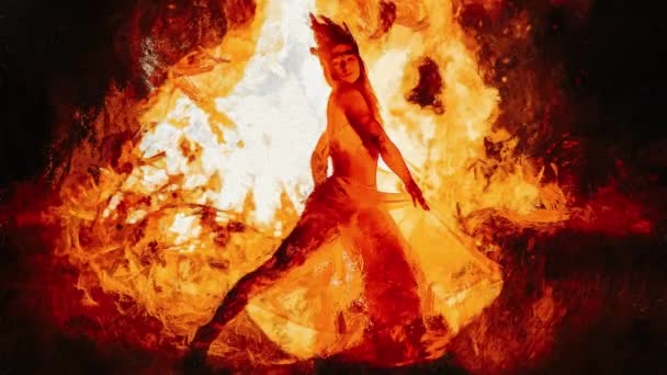 Beautiful Shamanic Woman Dancing Fire Painting Effect Loop Animation — Stock videók