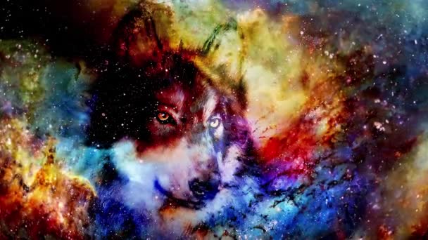 Magical Space Wolf Multicolor Computer Graphic Collage Loop Animation — Αρχείο Βίντεο