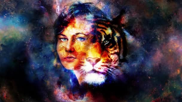 Goodnes Woman Tiger Ornament Cosmic Space Background Loop Animation — Stock Video