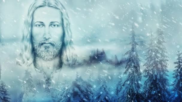 Art Jesus Och Vackert Snöigt Landskap Animering Loopar — Stockvideo