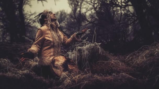 Krásná Šamanská Dívka Hraje Šaman Rám Buben Přírodě Animace Smyčky — Stock video