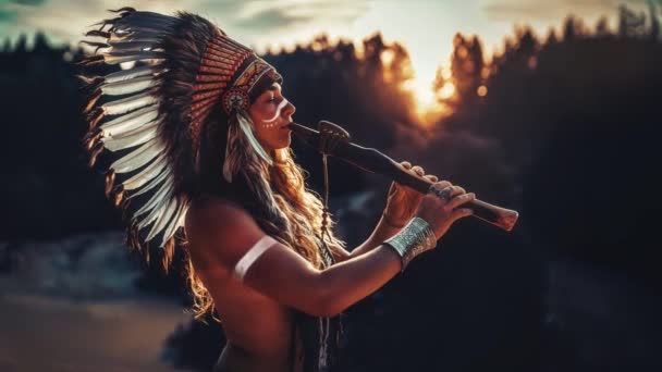 Krásná Šamanská Dívka Hrající Šamanskou Flétnu Přírodě Animace Smyčky — Stock video