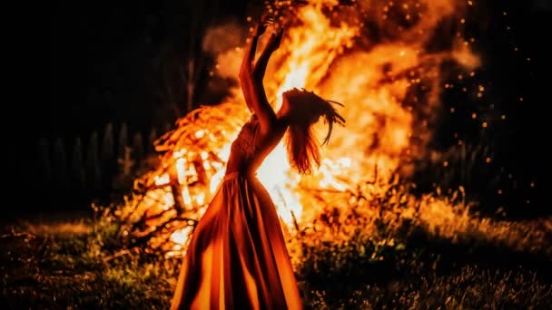 Vacker Shamansk Kvinna Dansar Vid Elden Animering Loopar — Stockvideo
