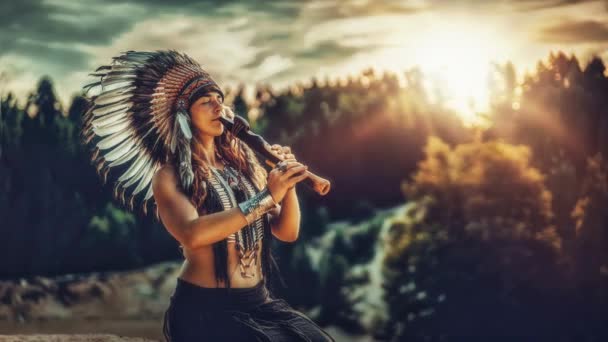 Hermosa Chica Chamánica Tocando Flauta Chamán Naturaleza Animación Bucle — Vídeo de stock